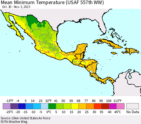 Mexico Central America and the Caribbean Mean Minimum Temperature (USAF 557th WW) Thematic Map For 10/30/2023 - 11/5/2023