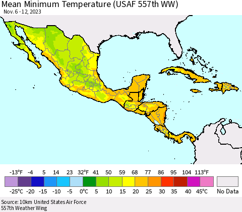 Mexico Central America and the Caribbean Mean Minimum Temperature (USAF 557th WW) Thematic Map For 11/6/2023 - 11/12/2023