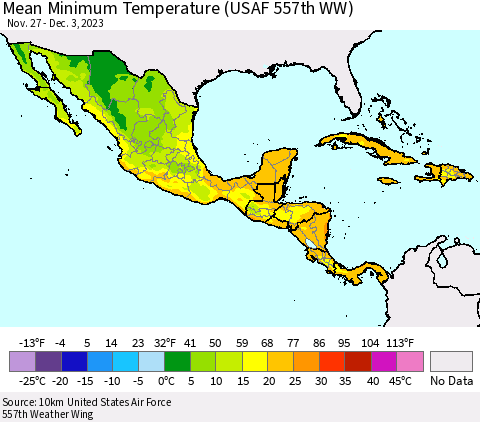 Mexico Central America and the Caribbean Mean Minimum Temperature (USAF 557th WW) Thematic Map For 11/27/2023 - 12/3/2023