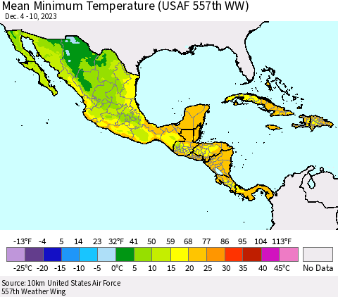 Mexico Central America and the Caribbean Mean Minimum Temperature (USAF 557th WW) Thematic Map For 12/4/2023 - 12/10/2023