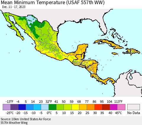 Mexico Central America and the Caribbean Mean Minimum Temperature (USAF 557th WW) Thematic Map For 12/11/2023 - 12/17/2023