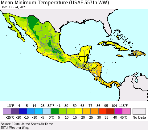 Mexico Central America and the Caribbean Mean Minimum Temperature (USAF 557th WW) Thematic Map For 12/18/2023 - 12/24/2023