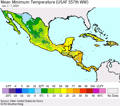 Mexico Central America and the Caribbean Mean Minimum Temperature (USAF 557th WW) Thematic Map For 1/1/2024 - 1/7/2024