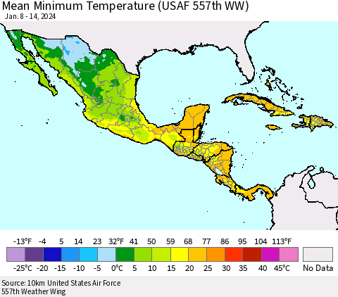 Mexico Central America and the Caribbean Mean Minimum Temperature (USAF 557th WW) Thematic Map For 1/8/2024 - 1/14/2024