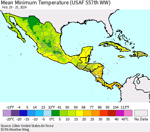 Mexico Central America and the Caribbean Mean Minimum Temperature (USAF 557th WW) Thematic Map For 2/19/2024 - 2/25/2024