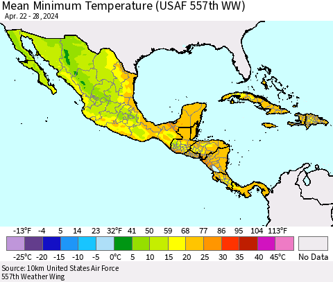Mexico Central America and the Caribbean Mean Minimum Temperature (USAF 557th WW) Thematic Map For 4/22/2024 - 4/28/2024