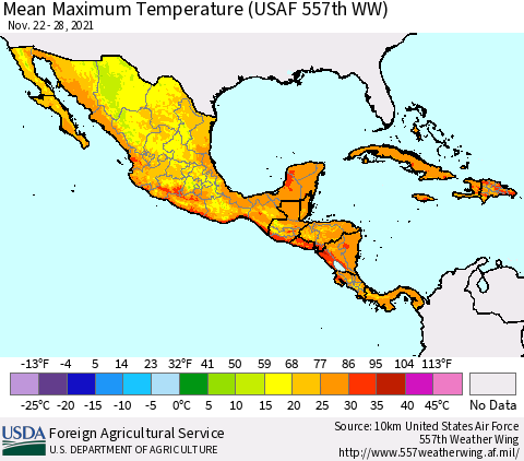 Mexico Central America and the Caribbean Mean Maximum Temperature (USAF 557th WW) Thematic Map For 11/22/2021 - 11/28/2021