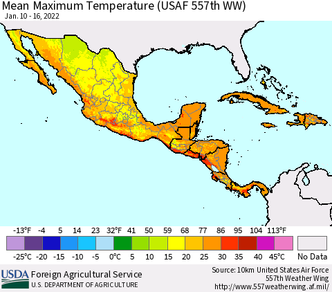 Mexico Central America and the Caribbean Mean Maximum Temperature (USAF 557th WW) Thematic Map For 1/10/2022 - 1/16/2022