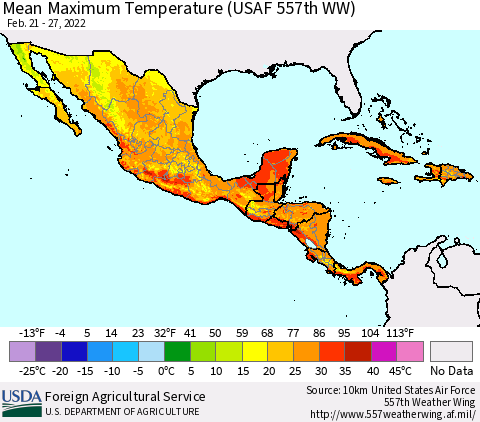 Mexico Central America and the Caribbean Mean Maximum Temperature (USAF 557th WW) Thematic Map For 2/21/2022 - 2/27/2022