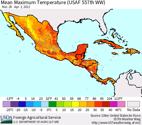 Mexico Central America and the Caribbean Mean Maximum Temperature (USAF 557th WW) Thematic Map For 3/28/2022 - 4/3/2022