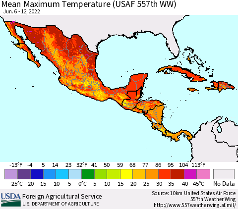 Mexico Central America and the Caribbean Mean Maximum Temperature (USAF 557th WW) Thematic Map For 6/6/2022 - 6/12/2022