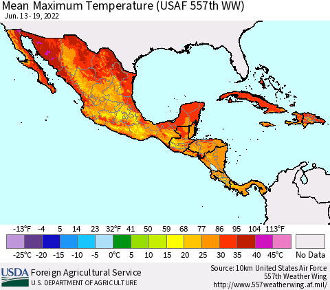 Mexico Central America and the Caribbean Mean Maximum Temperature (USAF 557th WW) Thematic Map For 6/13/2022 - 6/19/2022