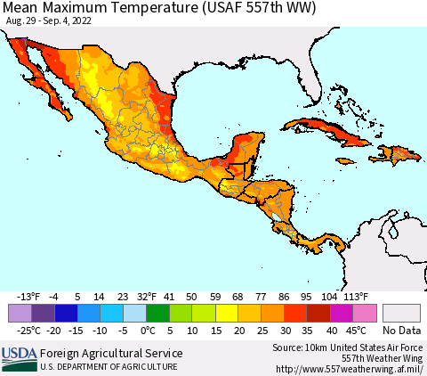 Mexico Central America and the Caribbean Mean Maximum Temperature (USAF 557th WW) Thematic Map For 8/29/2022 - 9/4/2022