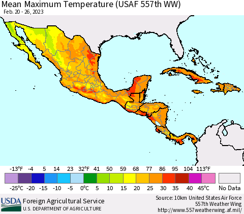 Mexico Central America and the Caribbean Mean Maximum Temperature (USAF 557th WW) Thematic Map For 2/20/2023 - 2/26/2023