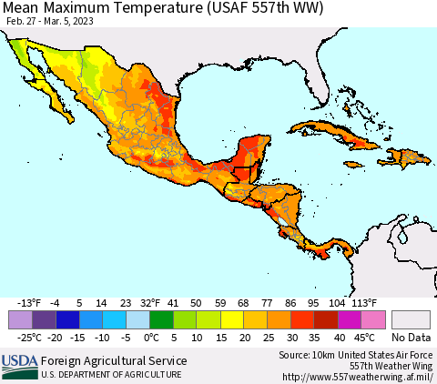 Mexico Central America and the Caribbean Mean Maximum Temperature (USAF 557th WW) Thematic Map For 2/27/2023 - 3/5/2023
