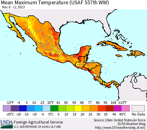 Mexico Central America and the Caribbean Mean Maximum Temperature (USAF 557th WW) Thematic Map For 3/6/2023 - 3/12/2023