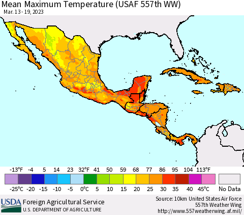 Mexico Central America and the Caribbean Mean Maximum Temperature (USAF 557th WW) Thematic Map For 3/13/2023 - 3/19/2023