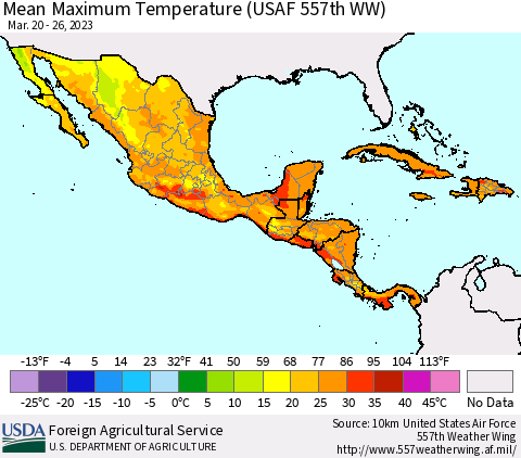Mexico Central America and the Caribbean Mean Maximum Temperature (USAF 557th WW) Thematic Map For 3/20/2023 - 3/26/2023