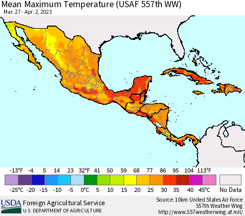 Mexico Central America and the Caribbean Mean Maximum Temperature (USAF 557th WW) Thematic Map For 3/27/2023 - 4/2/2023