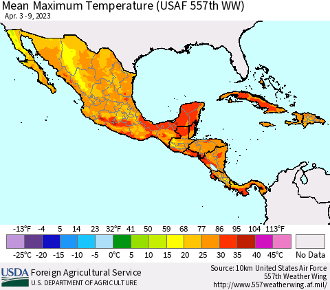 Mexico Central America and the Caribbean Mean Maximum Temperature (USAF 557th WW) Thematic Map For 4/3/2023 - 4/9/2023