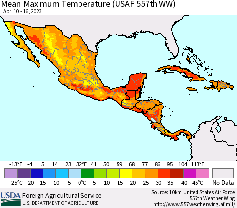 Mexico Central America and the Caribbean Mean Maximum Temperature (USAF 557th WW) Thematic Map For 4/10/2023 - 4/16/2023