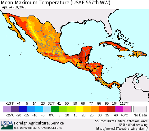 Mexico Central America and the Caribbean Mean Maximum Temperature (USAF 557th WW) Thematic Map For 4/24/2023 - 4/30/2023