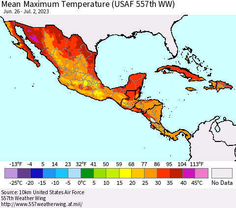 Mexico Central America and the Caribbean Mean Maximum Temperature (USAF 557th WW) Thematic Map For 6/26/2023 - 7/2/2023