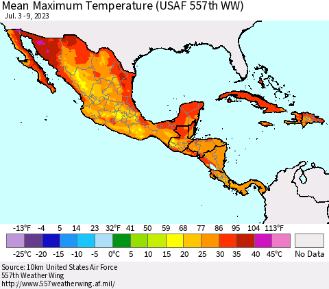 Mexico Central America and the Caribbean Mean Maximum Temperature (USAF 557th WW) Thematic Map For 7/3/2023 - 7/9/2023
