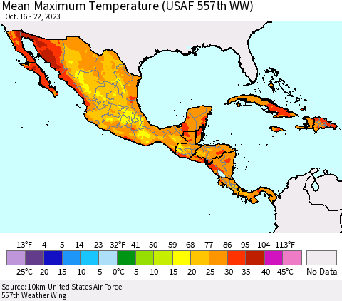 Mexico Central America and the Caribbean Mean Maximum Temperature (USAF 557th WW) Thematic Map For 10/16/2023 - 10/22/2023