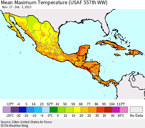 Mexico Central America and the Caribbean Mean Maximum Temperature (USAF 557th WW) Thematic Map For 11/27/2023 - 12/3/2023