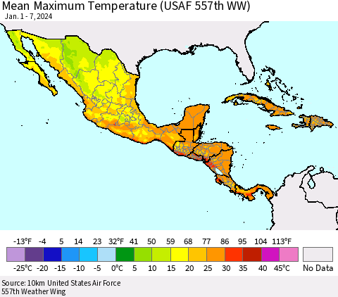 Mexico Central America and the Caribbean Mean Maximum Temperature (USAF 557th WW) Thematic Map For 1/1/2024 - 1/7/2024
