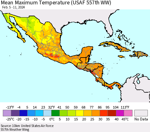 Mexico Central America and the Caribbean Mean Maximum Temperature (USAF 557th WW) Thematic Map For 2/5/2024 - 2/11/2024