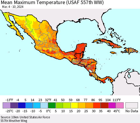 Mexico Central America and the Caribbean Mean Maximum Temperature (USAF 557th WW) Thematic Map For 3/4/2024 - 3/10/2024