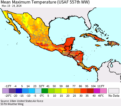 Mexico Central America and the Caribbean Mean Maximum Temperature (USAF 557th WW) Thematic Map For 3/18/2024 - 3/24/2024