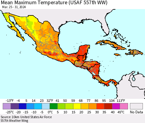 Mexico Central America and the Caribbean Mean Maximum Temperature (USAF 557th WW) Thematic Map For 3/25/2024 - 3/31/2024