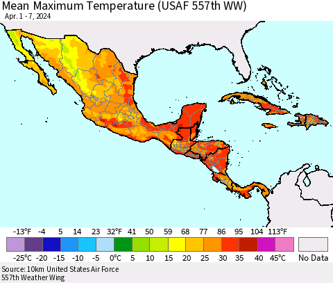 Mexico Central America and the Caribbean Mean Maximum Temperature (USAF 557th WW) Thematic Map For 4/1/2024 - 4/7/2024