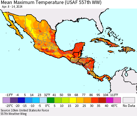 Mexico Central America and the Caribbean Mean Maximum Temperature (USAF 557th WW) Thematic Map For 4/8/2024 - 4/14/2024