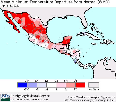 Mexico Central America and the Caribbean Mean Minimum Temperature Departure from Normal (WMO) Thematic Map For 4/5/2021 - 4/11/2021