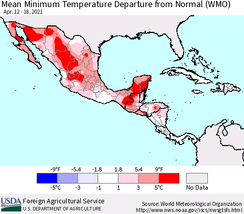 Mexico Central America and the Caribbean Mean Minimum Temperature Departure from Normal (WMO) Thematic Map For 4/12/2021 - 4/18/2021