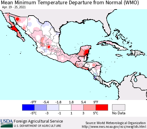 Mexico Central America and the Caribbean Mean Minimum Temperature Departure from Normal (WMO) Thematic Map For 4/19/2021 - 4/25/2021