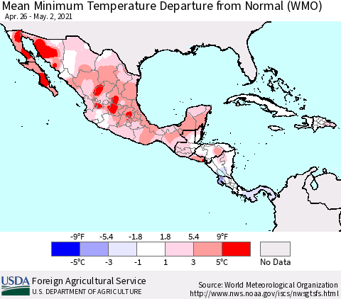 Mexico Central America and the Caribbean Mean Minimum Temperature Departure from Normal (WMO) Thematic Map For 4/26/2021 - 5/2/2021