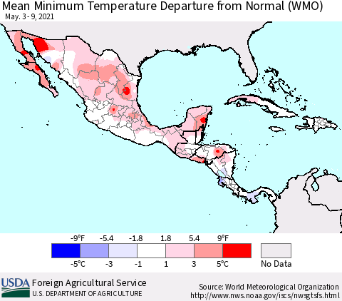 Mexico Central America and the Caribbean Mean Minimum Temperature Departure from Normal (WMO) Thematic Map For 5/3/2021 - 5/9/2021