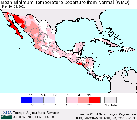 Mexico Central America and the Caribbean Mean Minimum Temperature Departure from Normal (WMO) Thematic Map For 5/10/2021 - 5/16/2021
