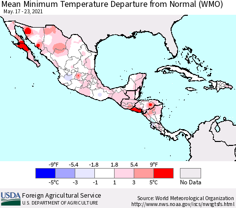 Mexico Central America and the Caribbean Mean Minimum Temperature Departure from Normal (WMO) Thematic Map For 5/17/2021 - 5/23/2021