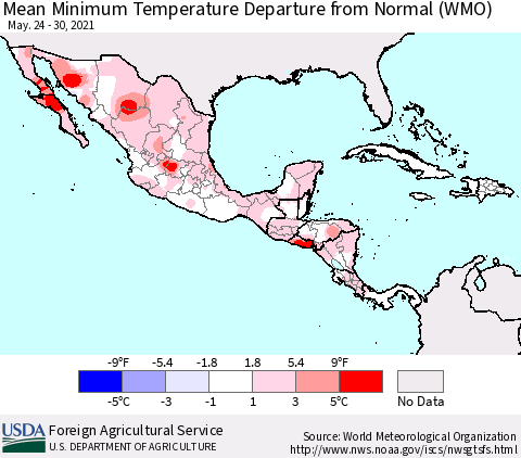Mexico Central America and the Caribbean Mean Minimum Temperature Departure from Normal (WMO) Thematic Map For 5/24/2021 - 5/30/2021