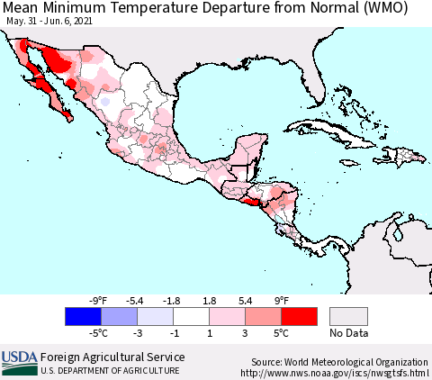 Mexico Central America and the Caribbean Mean Minimum Temperature Departure from Normal (WMO) Thematic Map For 5/31/2021 - 6/6/2021