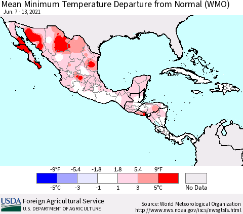Mexico Central America and the Caribbean Mean Minimum Temperature Departure from Normal (WMO) Thematic Map For 6/7/2021 - 6/13/2021