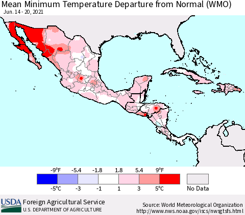 Mexico Central America and the Caribbean Mean Minimum Temperature Departure from Normal (WMO) Thematic Map For 6/14/2021 - 6/20/2021
