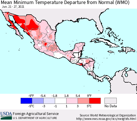 Mexico Central America and the Caribbean Mean Minimum Temperature Departure from Normal (WMO) Thematic Map For 6/21/2021 - 6/27/2021