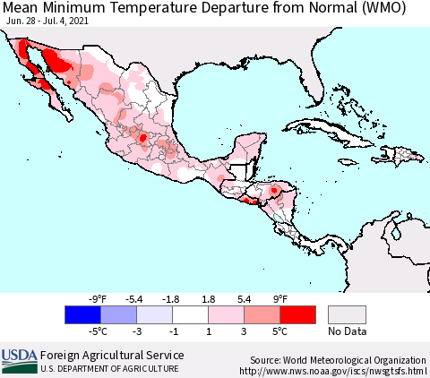 Mexico Central America and the Caribbean Mean Minimum Temperature Departure from Normal (WMO) Thematic Map For 6/28/2021 - 7/4/2021